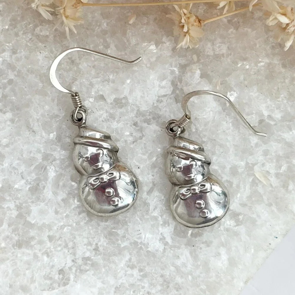 Sterling Silver Vintage Snowman 925 Stamped Thai Made Vintage Dangle Earrings - Picture 7 of 9